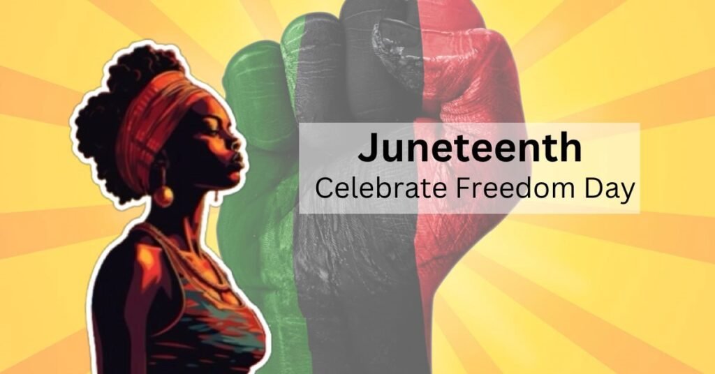 People celebrating Juneteenth with flags, music, and unity in a public park